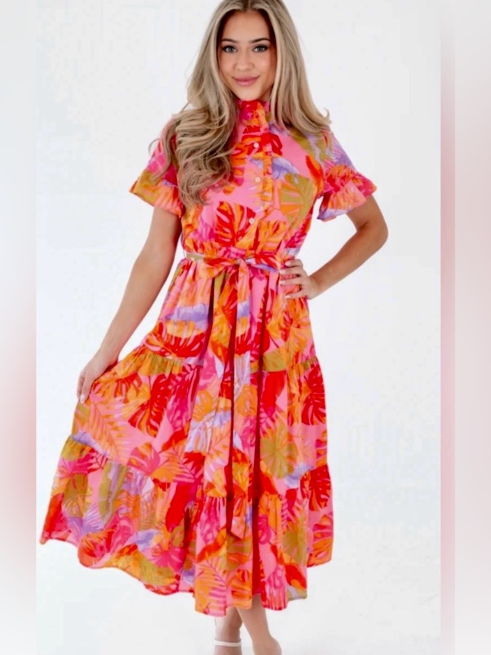 J.Marie $172 Eden Printed Ruffle High Neck Tie Waist A-Line Midi Dress medium - Picture 8 of 11